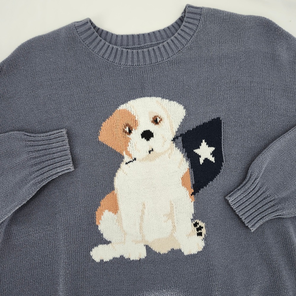 Hollister Womens‎ Dog Flag Crewneck Sweater S Blue Cute Animal Novelty Preppy